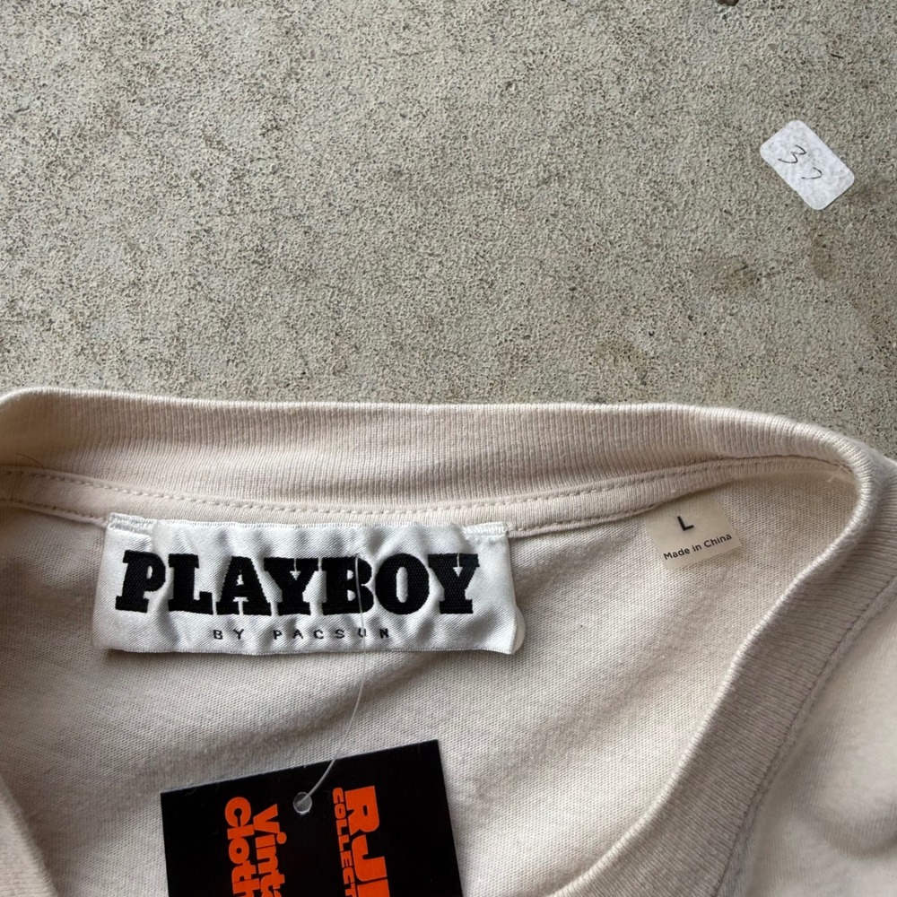 Y2K Mens Playboy by PacSun Embroidered Pocket T-Shirt Cream Streetwear Large - Picture 3 of 7